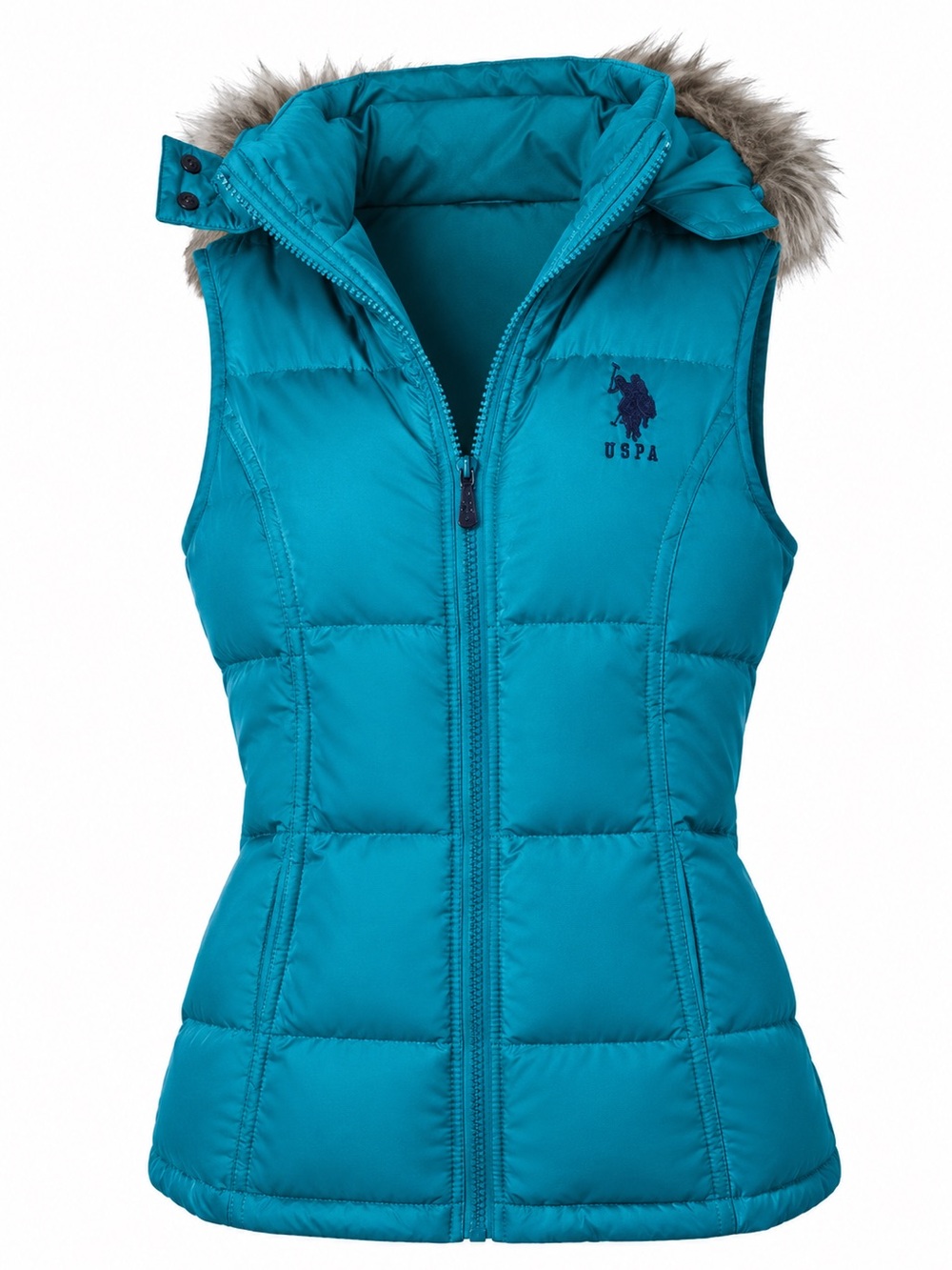 U.S. Polo Assn. Teal Quilted Hooded Puffer Vest with Faux Fur Trim